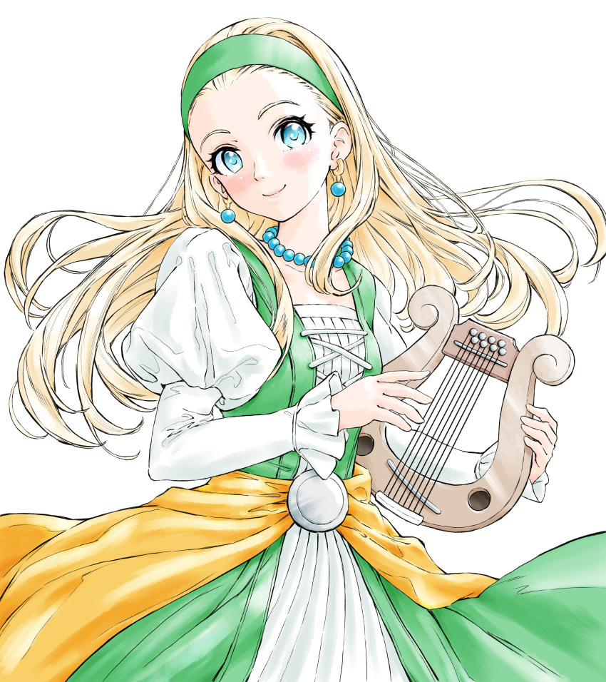 1girl, absurdres, bead_necklace, beads, blonde_hair, blue_eyes, closed_mouth, commentary_request