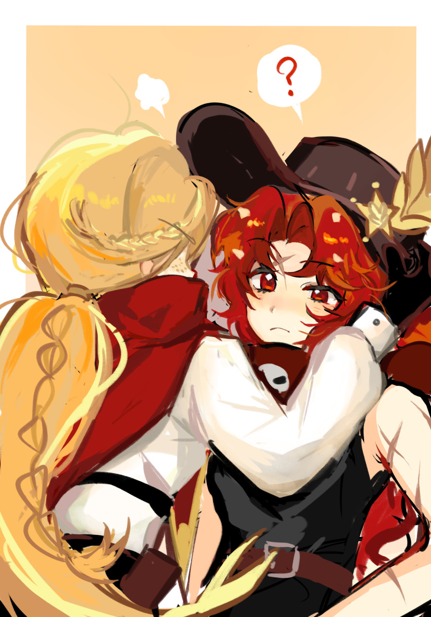 2girls, ?, asimi0415, belt, blonde_hair, border, braid, chili_pepper_cookie
