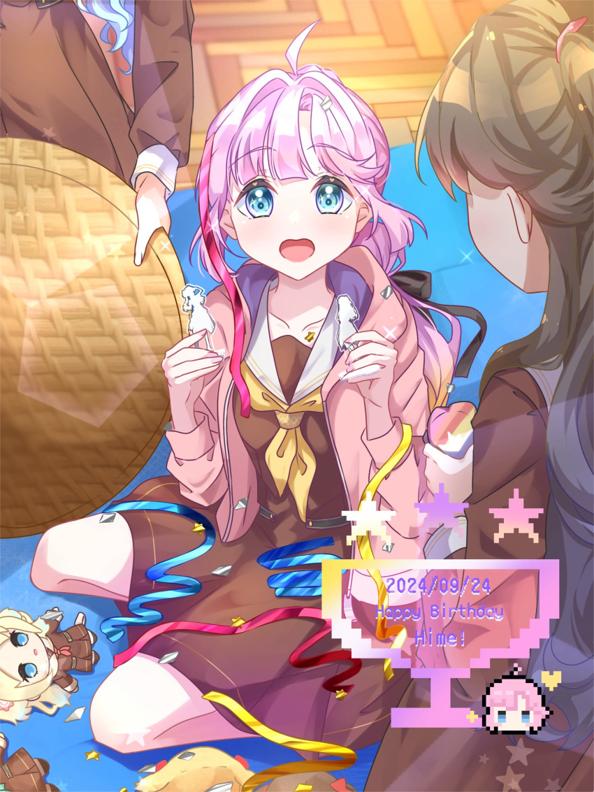 3girls, :d, acrylic_stand_(object), ahoge, anyoji_hime, basket, black_ribbon, blonde_hair, blue_eyes, blunt_bangs, brown_dress, character_doll, collarbone, commentary_request, confetti, dress, facing_another, fujishima_megumi, full_body, gradient_hair, hair_ribbon, hasu_no_sora_school_uniform, highres, holding, holding_basket, hood, hooded_jacket, jacket, link!_like!_love_live!, long_hair, long_sleeves, looking_at_viewer, love_live!, medium_dress, mira-cra_park!, multi-tied_hair, multicolored_hair, multiple_girls, neckerchief, official_art_inset, on_floor, open_clothes, open_jacket, osawa_rurino, pink_hair, pink_jacket, pixel_star, pixel_text, pixelated, pleated_dress, ponytail, ribbon, sailor_collar, sailor_dress, sakari_(pear_8_ll), school_uniform, sidelocks, sitting, smile, solo_focus, straight-on, streamers, swept_bangs, trophy, very_long_hair, virtual_youtuber, white_sailor_collar, winter_uniform, yellow_neckerchief