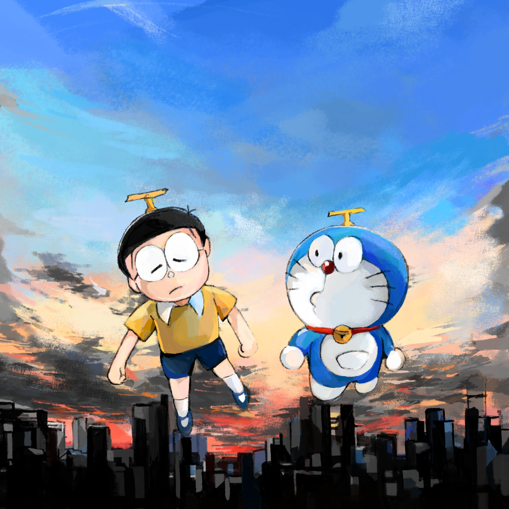 2boys, :3, bell, black_hair, blue_pants, cityscape, closed_eyes, closed_mouth