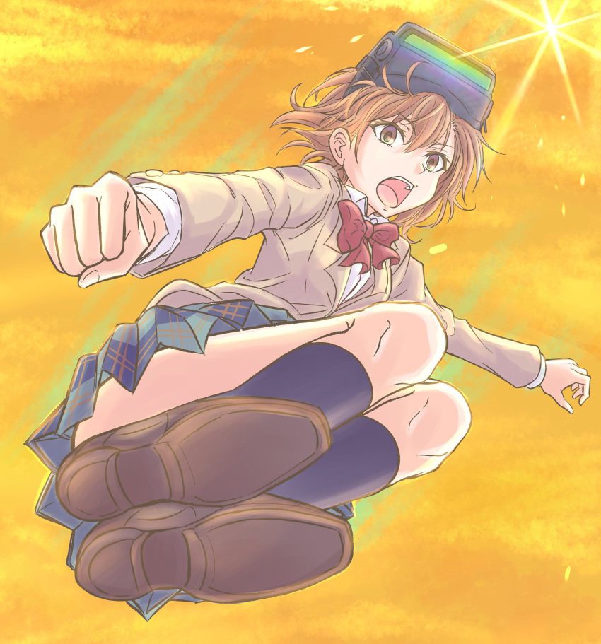 1girl, absurdres, black_socks, bow, breasts, brown_eyes, brown_footwear, brown_hair