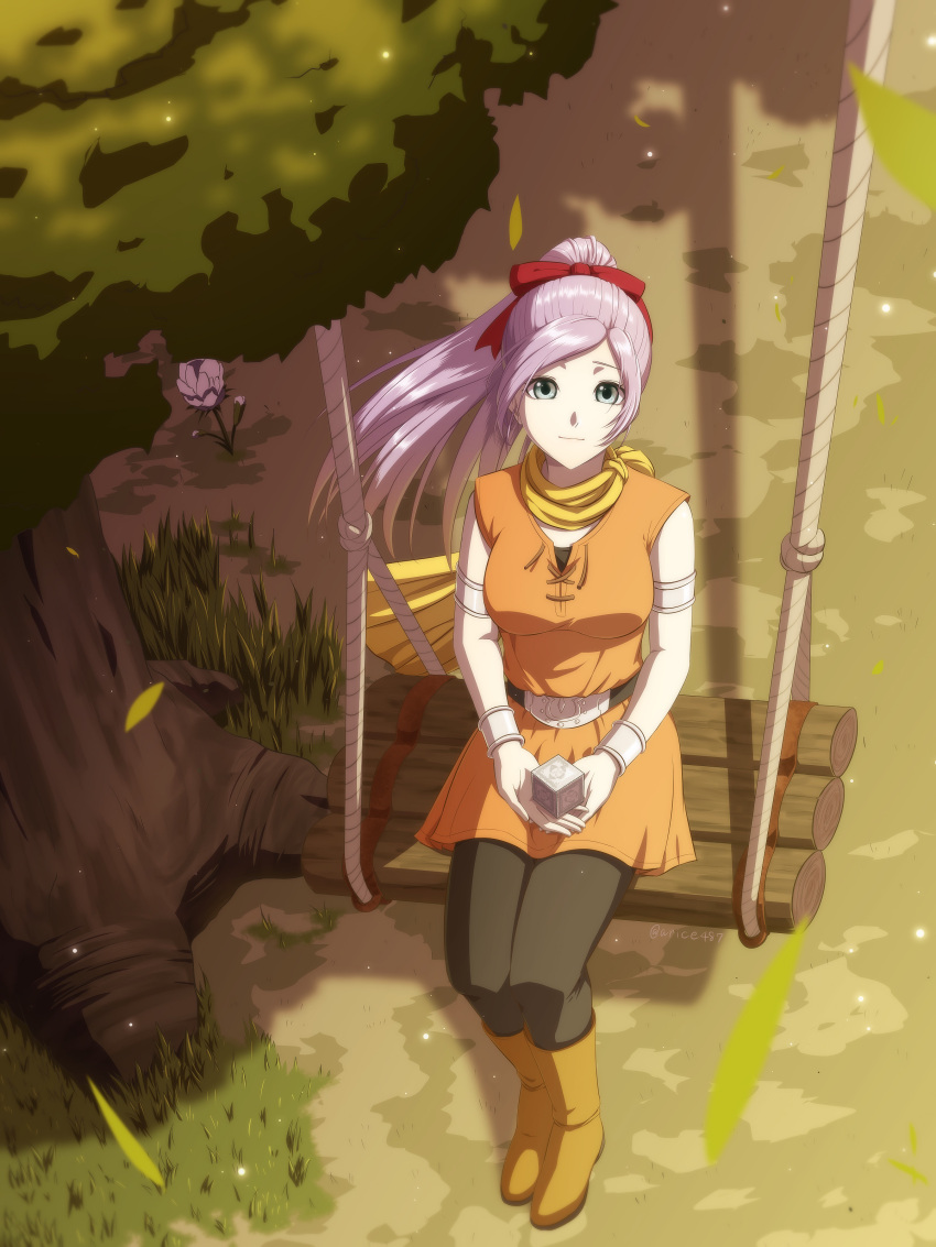 1girl, absurdres, aqua_eyes, arice487, black_leggings, boots, bow, breasts, closed_mouth, commentary_request, dragon_quest, dragon_quest_x, floating_hair, flower, from_above, grass, hair_bow, highres, holding_cube, large_breasts, leaf, leggings, looking_at_viewer, looking_up, mereade, neckerchief, orange_tunic, partial_commentary, ponytail, purple_hair, red_bow, silver_armlet, silver_bracelet, sitting, smile, solo, swing, tree, tunic, yellow_neckerchief