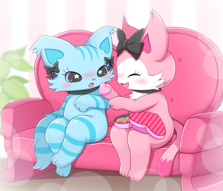 2girls, :3, :d, ^_^, animal_ears, beatcats, black_bow, blue_fur