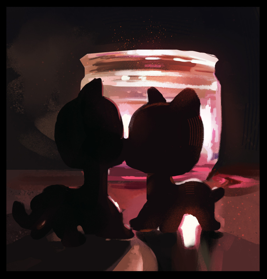animal, animal_focus, black_border, border, candle, cat, commentary, dark, english_commentary, highres, kiss, littlest_pet_shop, no_humans, object_focus, painterly, starpaw0007, still_life, tail, toy