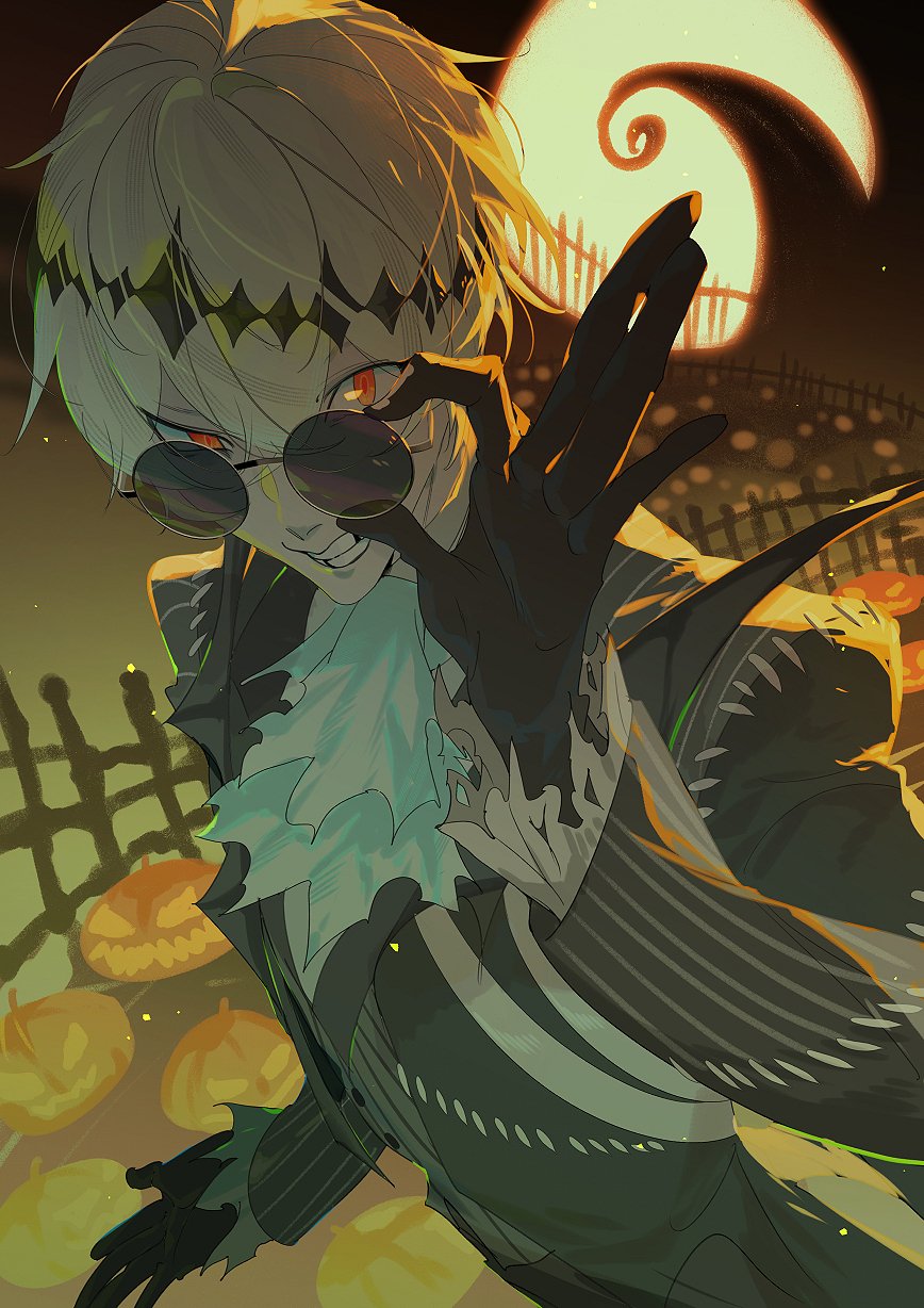 1boy, adjusting_eyewear, black_gloves, crown, fishee_(fisheem4mmal), formal, gloves, graveyard