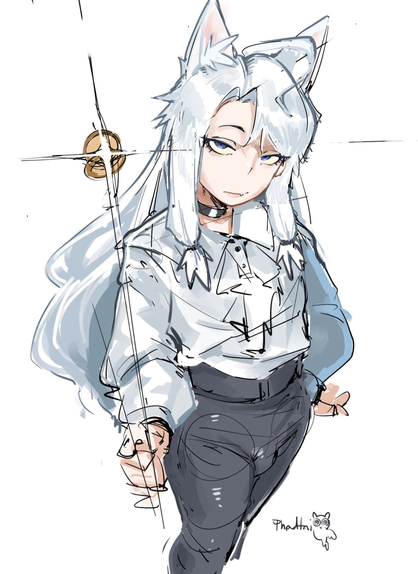 1other, animal_ears, black_collar, black_pants, bulge, coin, coin_flip, collar
