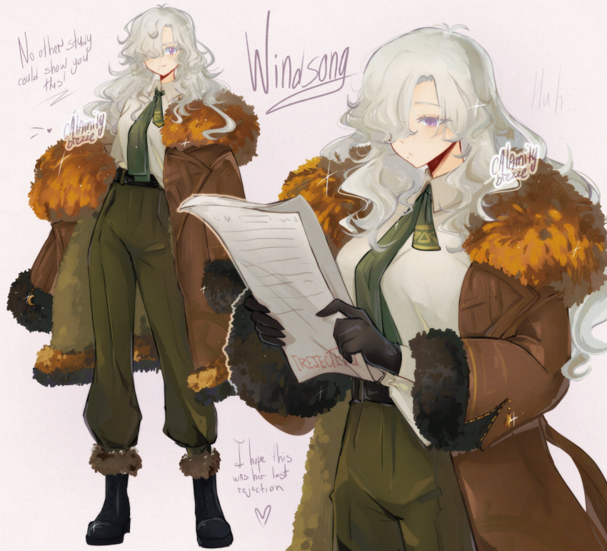 1girl, absurdres, artist_name, black_footwear, black_gloves, boots, brown_coat, calamity_brezze