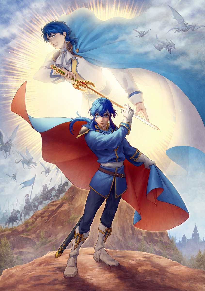 2boys, armor, ascot, belt, blue_cape, blue_hair, blue_sky, boots