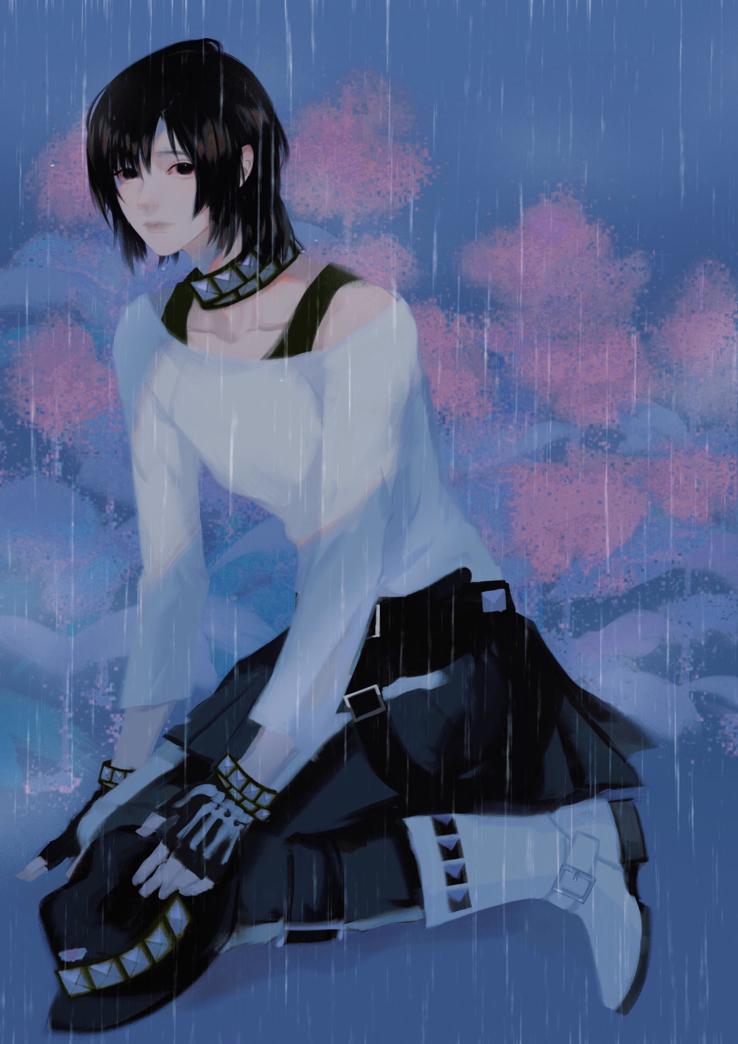 belt, black_eyes, black_hair, boots, bracelet, collar, dramatical_murder, fingerless_gloves, full_body, gloves, hat, highres, jewelry, leggings, long_hair, long_sleeves, nitro+_chiral, pleated_skirt, sei_(dramatical_murder), shirt, shirt_under_shirt, sitting, skirt, standing_in_rain, studded_bracelet, studded_collar, trilby, white_footwear