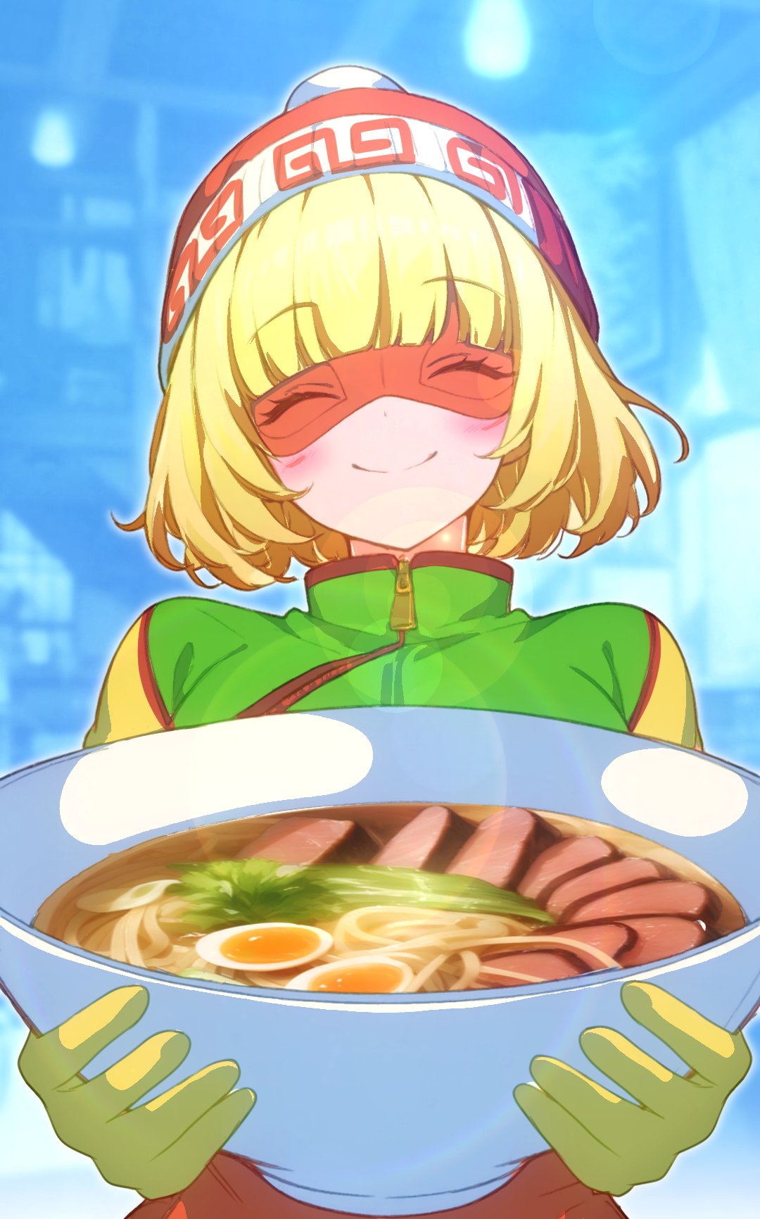1girl, arms_(game), beanie, blonde_hair, blunt_bangs, blush, chinese_clothes, domino_mask