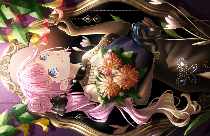 1girl, anyoji_hime, anyoji_hime_(16th_birthday), black_dress, black_gloves, blonde_hair, blunt_bangs, bouquet, cowboy_shot, dress, elbow_gloves, flower, flower-shaped_hair, game_cg, gloves, gradient_hair, grin, highres, holding, holding_bouquet, link!_like!_love_live!, long_hair, looking_at_self, love_live!, multicolored_hair, official_alternate_costume, official_alternate_hairstyle, official_art, orange_flower, pink_hair, side_ponytail, side_slit, sidelocks, smile, solo, swept_bangs, third-party_source, very_long_hair, virtual_youtuber