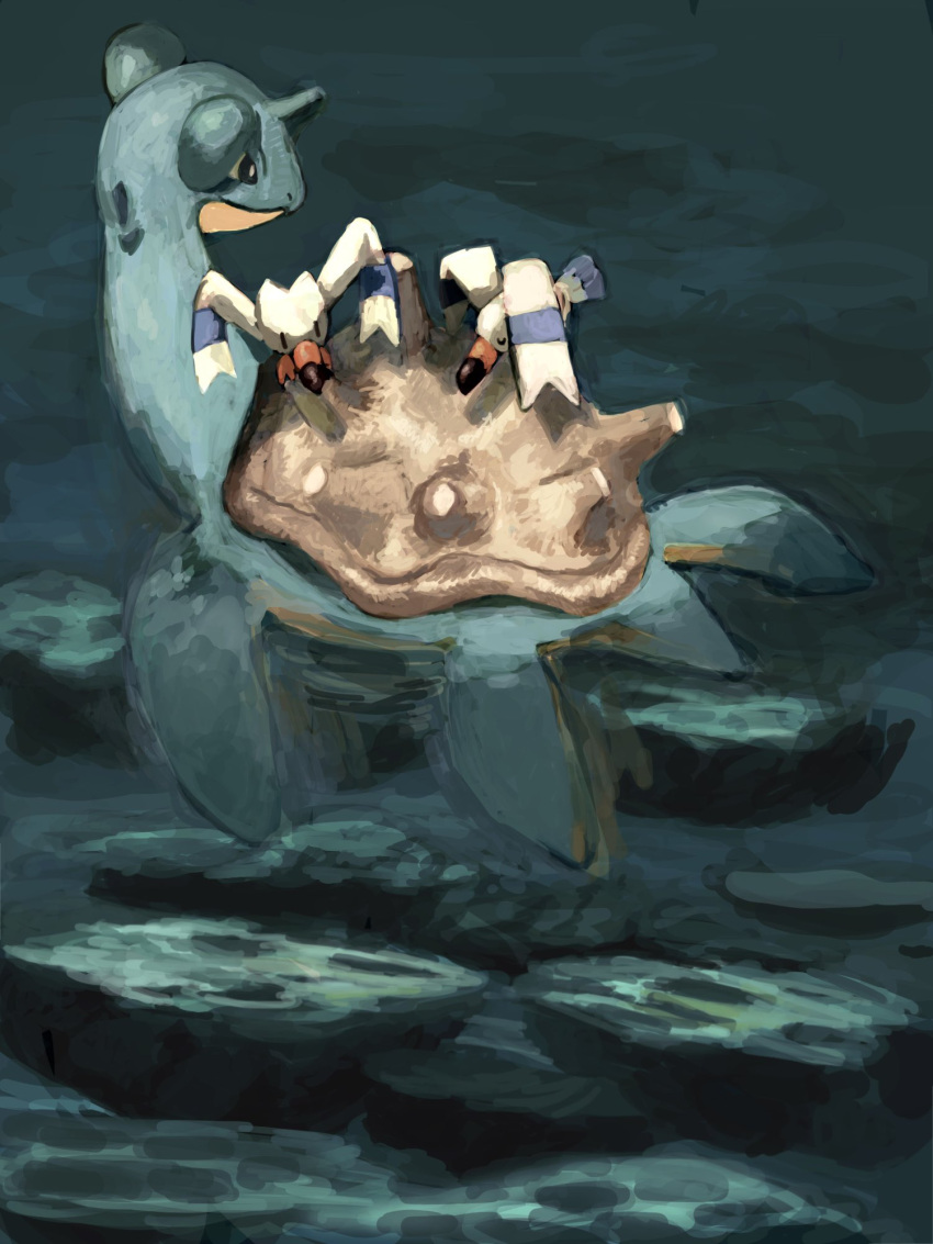 bird, blue_skin, colored_skin, highres, horns, kfkgot7ig2r5265, lapras, ocean