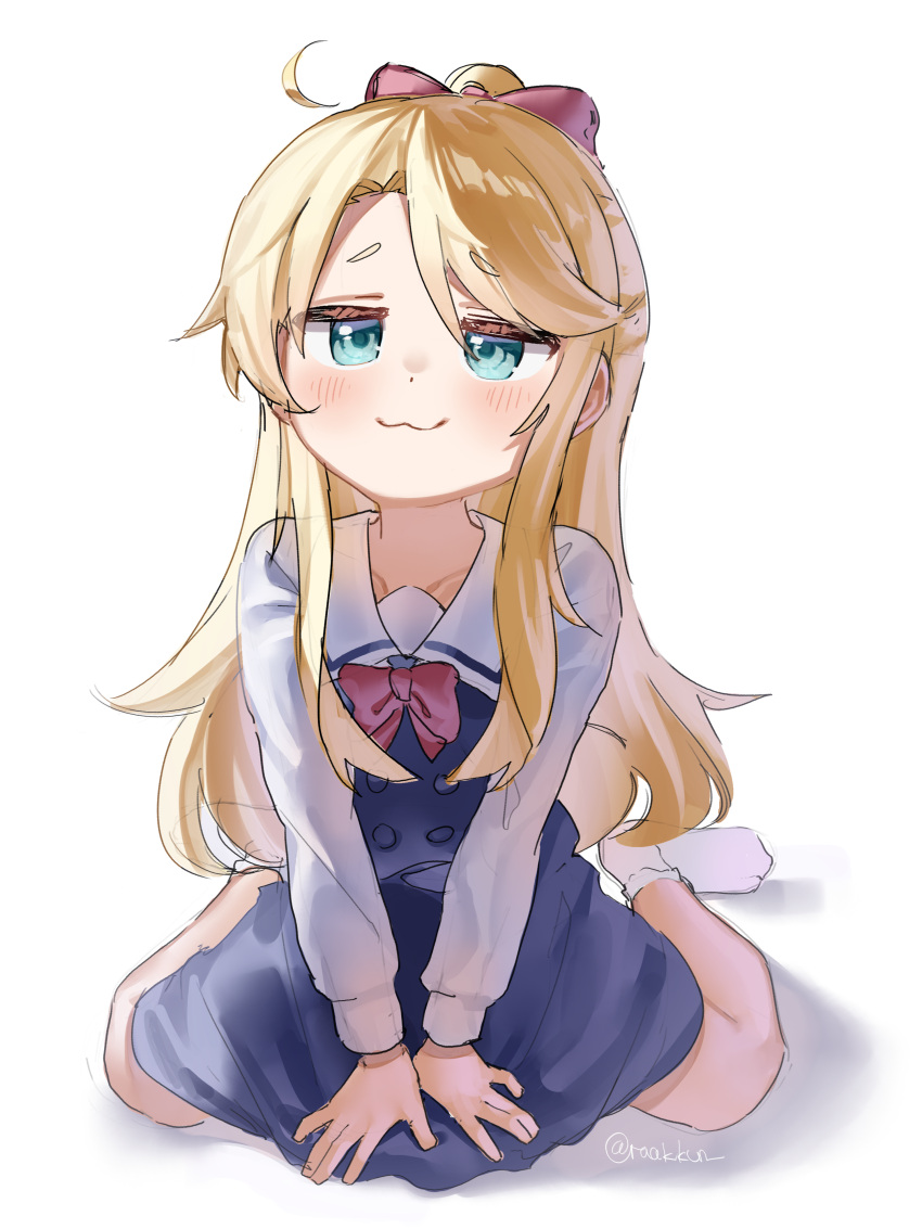 1girl, :3, absurdres, ahoge, blonde_hair, blue_dress, blush, bow
