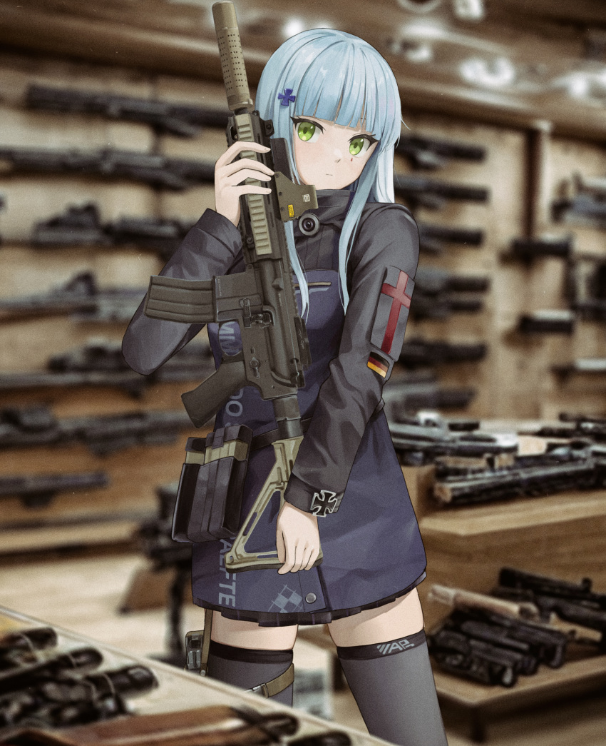 1girl, absurdres, black_jacket, black_skirt, black_thighhighs, blue_hair, blurry, blurry_background