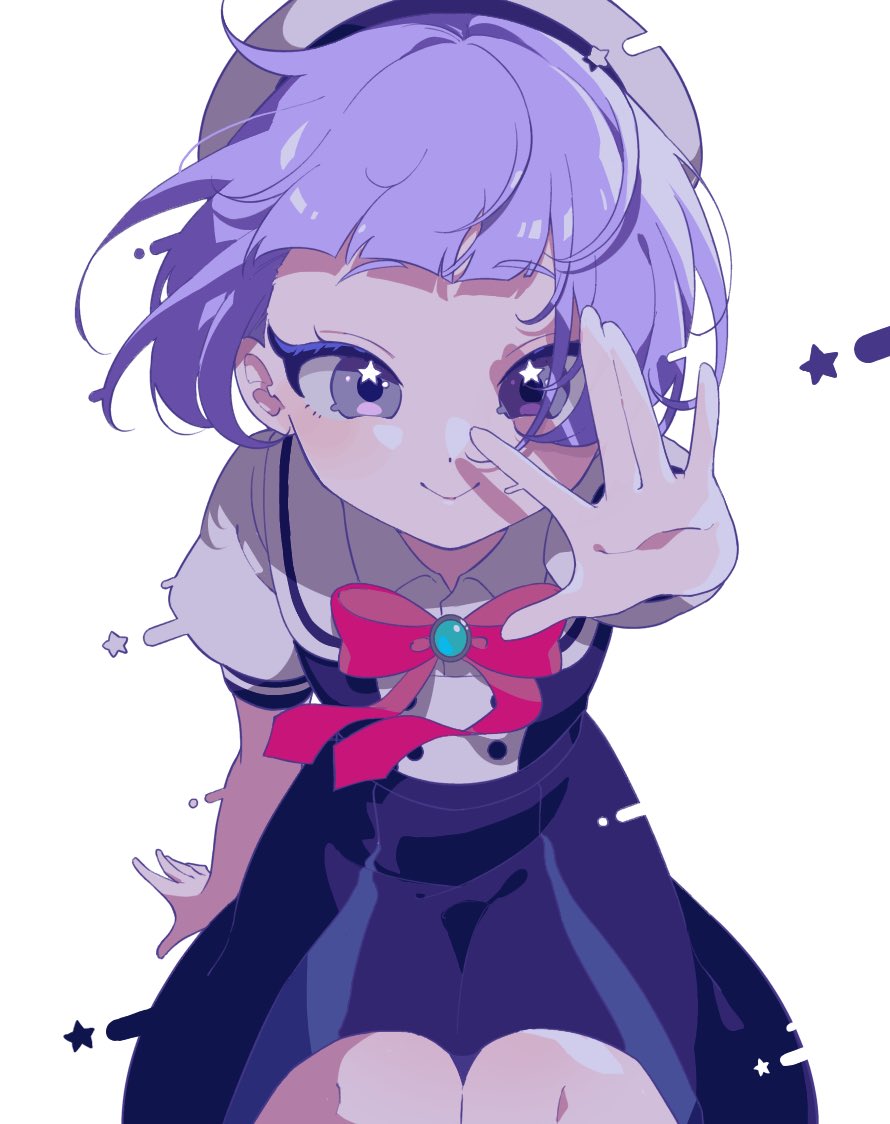 bow, brooch, collared_shirt, dot_nose, dress, floating_hair, gem, green_gemstone