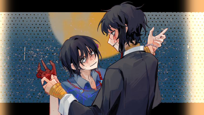 2boys, absurdres, bandaged_arm, bandages, black_eyes, black_hair, black_jacket, blue_background