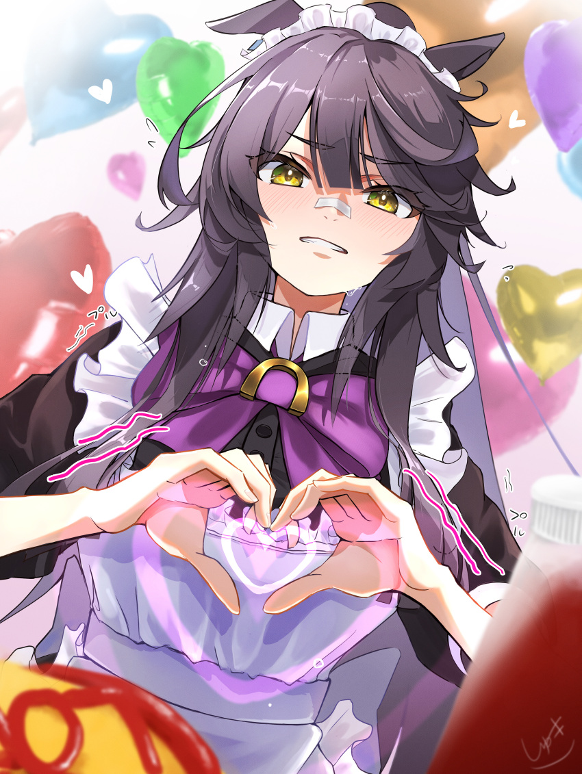 1girl, absurdres, alternate_costume, animal_ears, balloon, bandaid, bandaid_on_face, bandaid_on_nose