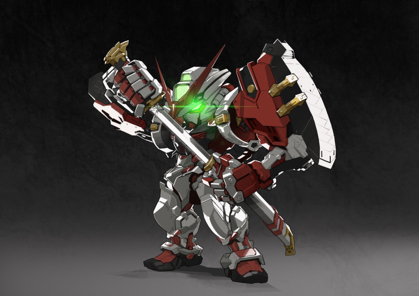 absurdres, chibi, gerbera_straight, glowing, glowing_eye, gradient_background, green_eyes, gundam