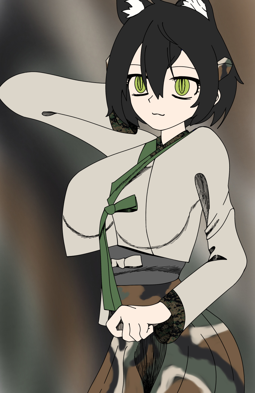 1girl, absurdres, animal_ear_fluff, animal_ears, arm_up, bincan, black_hair, camouflage