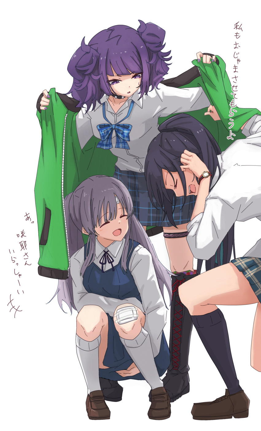 3girls, absurdres, adjusting_hair, bandaid, bandaid_on_face, bandaid_on_forehead, bandaid_on_knee, bandaid_on_leg