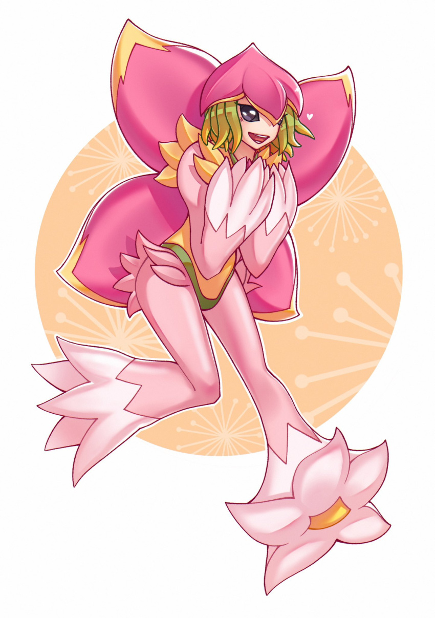 1girl, black_eyes, black_sclera, burritosalad, colored_sclera, colored_skin, digimon, digimon_(creature), flower, flower_hat, flower_wings, green_hair, hair_vines, hat, highres, leaf_wings, leotard, lilamon, monster_girl, no_feet, no_hands, open_mouth, pink_flower, pink_hat, pink_skin, plant_girl, plant_hair, short_hair, smile, solid_eyes, solo, yellow_leotard