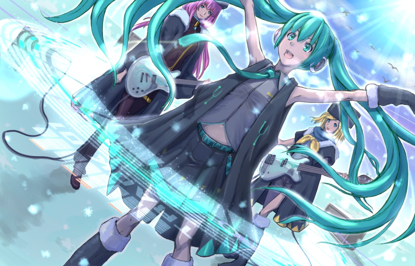 aqua_eyes, aqua_hair, arm_warmers, arms_up, belt, bird, blonde_hair, boots