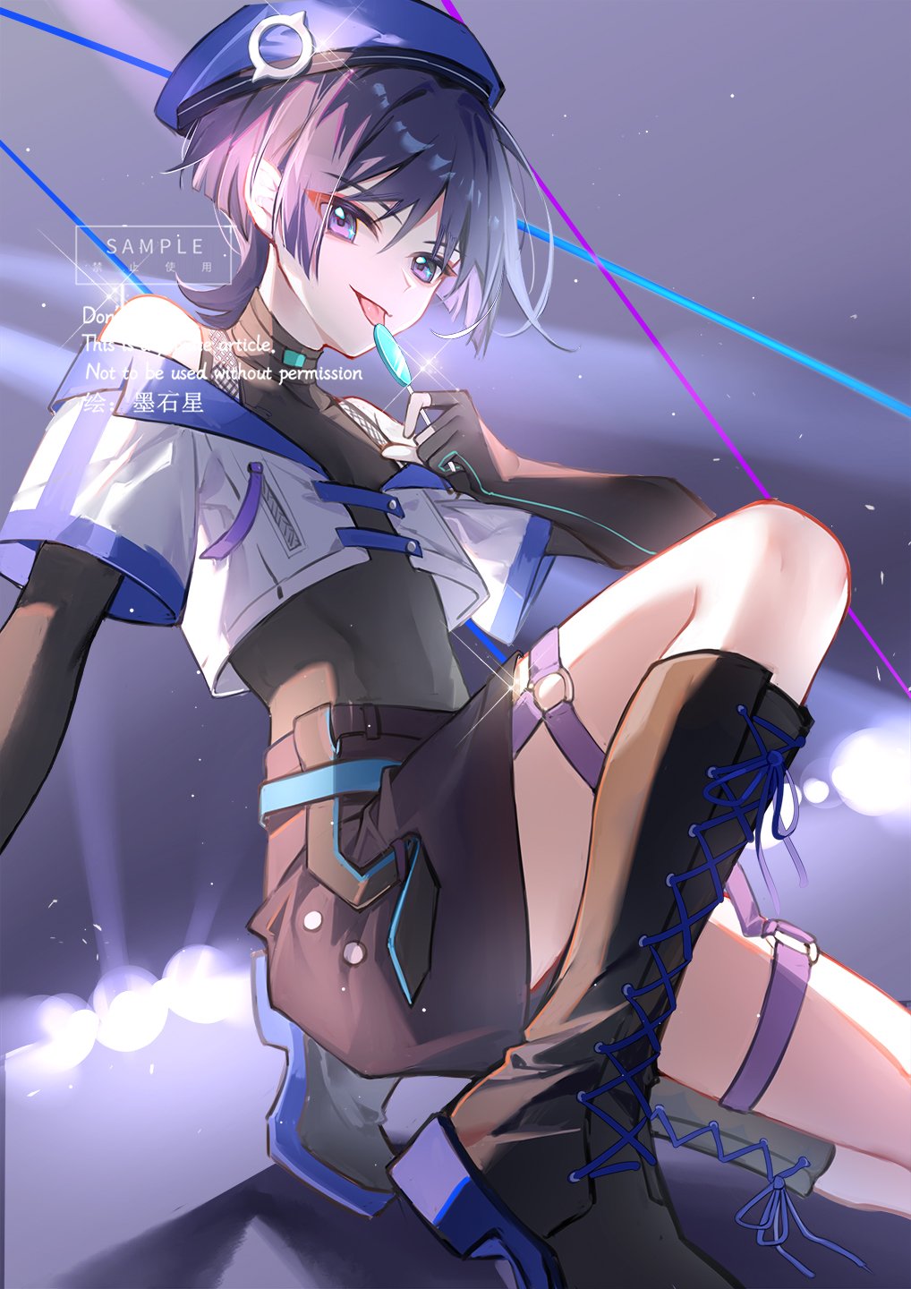 1boy, alternate_costume, aqua_belt, armpit_crease, bare_shoulders, belt, beret, black_belt, black_bodysuit, black_footwear, black_gloves, black_shorts, black_trim, blue_hat, blue_trim, blunt_ends, bodysuit, boots, candy, covered_collarbone, crop_top, cross-laced_footwear, elbow_gloves, eyeliner, eyeshadow, fishnet_top, fishnets, food, genshin_impact, gloves, hat, highres, holding, holding_candy, holding_food, holding_lollipop, idol, knee_boots, lapels, legs_folded, licking, light_rays, lollipop, looking_at_viewer, makeup, male_focus, mostar, o-ring_strap, off-shoulder_shirt, off_shoulder, partially_fingerless_gloves, purple_hair, purple_straps, red_eyeliner, red_eyeshadow, sample_watermark, scaramouche_(genshin_impact), shirt, short_sleeves, shorts, solo, thigh_strap, three_quarter_view, tongue, tongue_out, violet_eyes, watermark, white_sleeves, white_trim