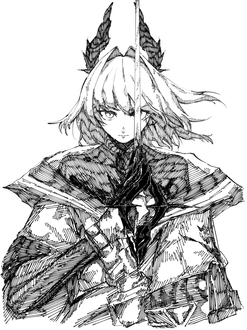 1girl, absurdres, arknights, cross, cross_earrings, cross_scar, dress, earrings, gloves, greyscale, hair_intakes, hatching_(texture), head_wings, highres, holding, holding_sword, holding_weapon, irene_(arknights), irene_(the_adjudicatrix_and_her_resolve)_(arknights), jewelry, latin_cross, long_sleeves, looking_at_viewer, monochrome, scar, shirt, simple_background, solo, sword, turtleneck, turtleneck_shirt, weapon, wings, wrist_guards, yukinaga_(eruserion)
