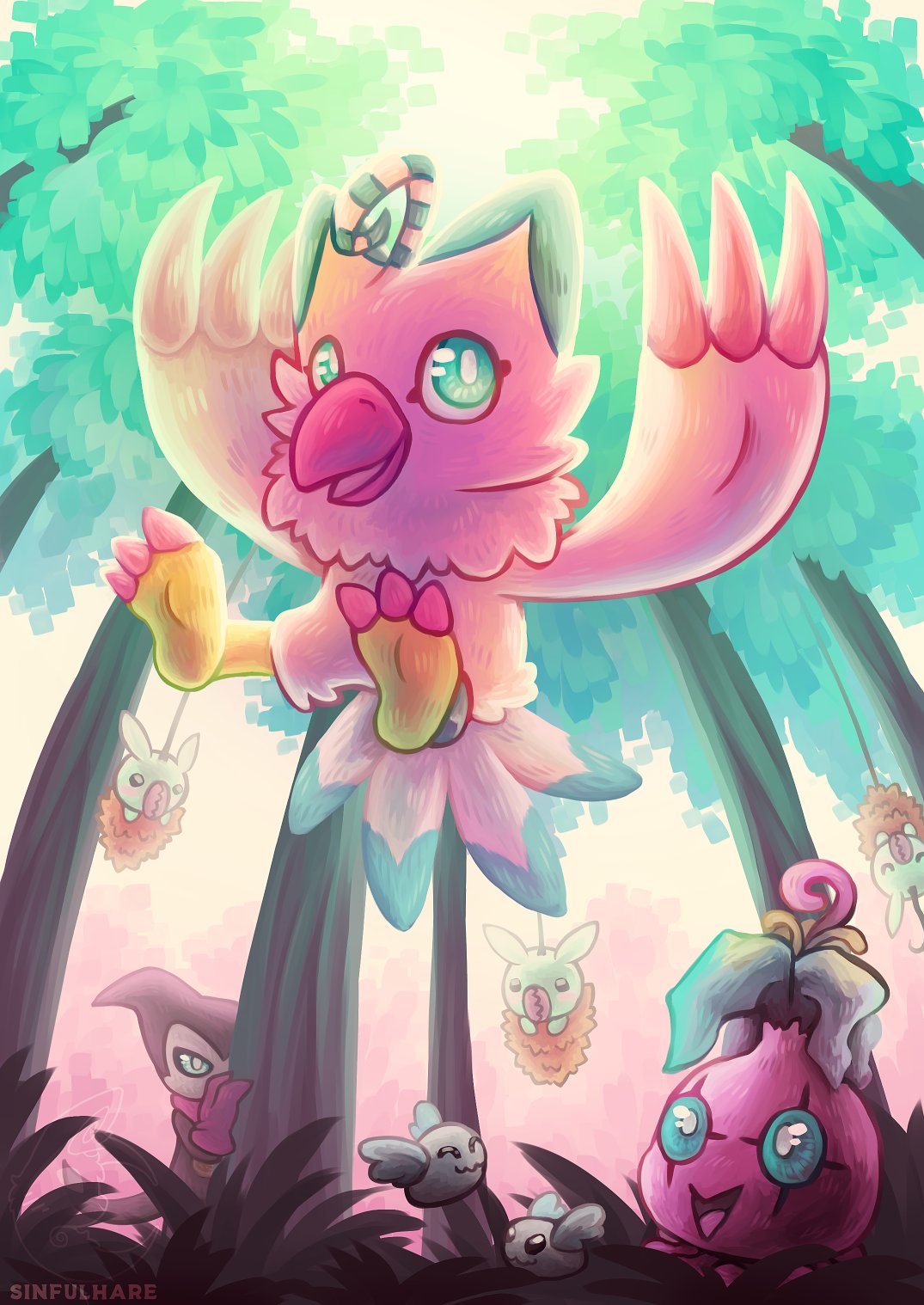 ahoge, arms_up, bird, blue_eyes, bright_pupils, bug, claws, digimon