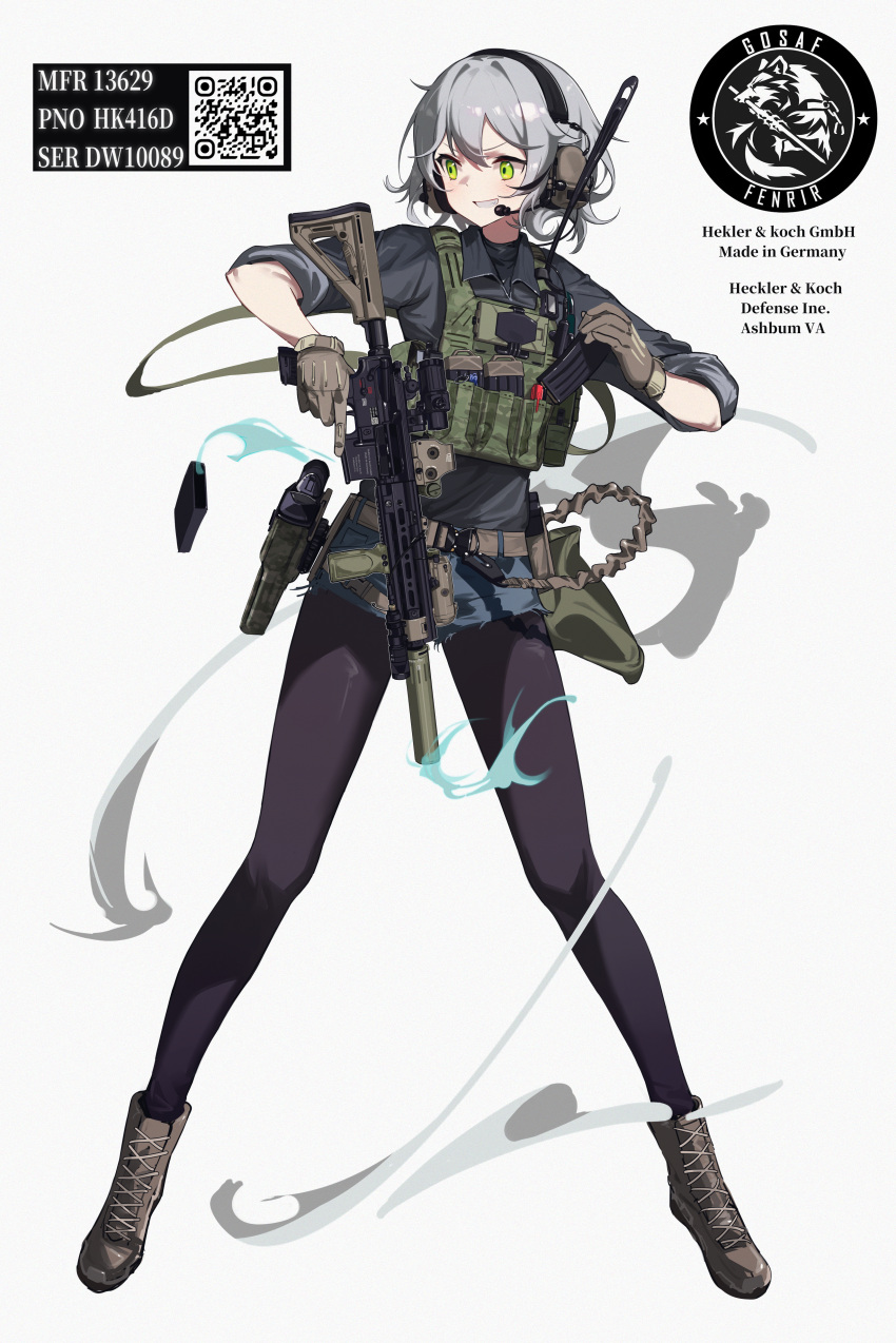 1girl, absurdres, assault_rifle, bei_hua, black_pantyhose, girls_frontline, green_eyes, grey_hair