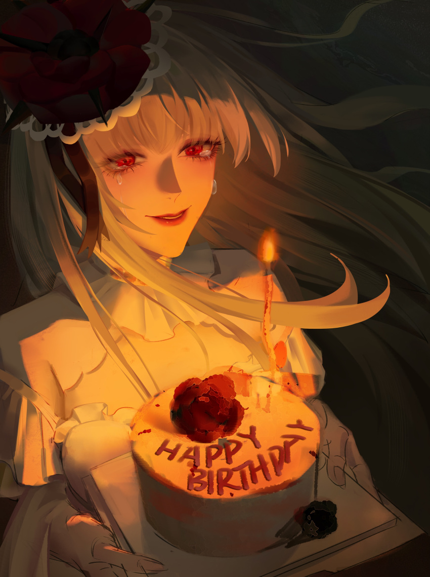1girl, absurdres, cake, candle, chinese_commentary, collar, commentary, coquelic_(path_to_nowhere), crying, crying_with_eyes_open, dim_lighting, fascinator, flower, food, frilled_collar, frills, happy_birthday, highres, huasheng_he_kele, long_hair, parted_lips, path_to_nowhere, poppy_(flower), red_eyes, red_flower, smile, solo, streaming_tears, tears, thorns, unfinished, upper_body, white_hair