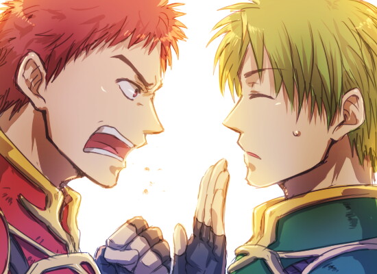 2boys, commentary_request, face-to-face, fingerless_gloves, fire_emblem, fire_emblem:_path_of_radiance, gloves, green_hair