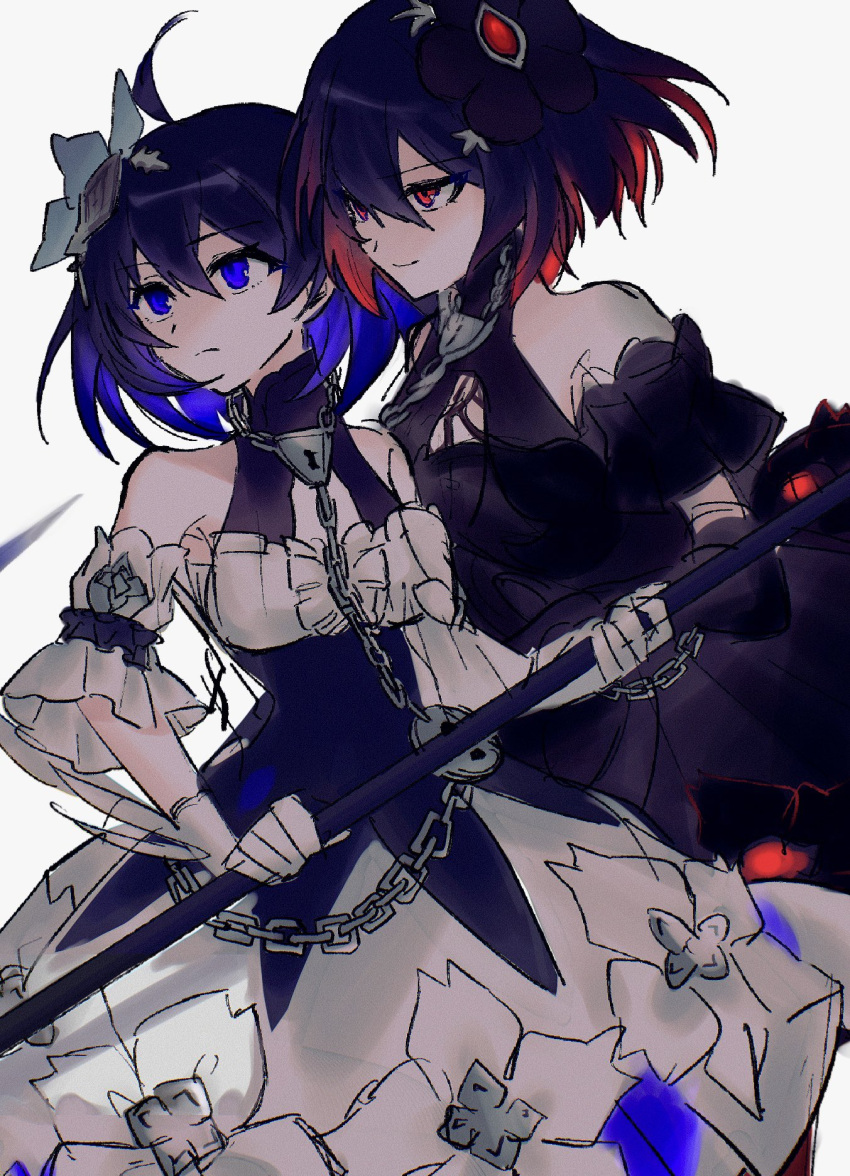 2girls, bare_shoulders, black_dress, black_hair, blue_eyes, blue_hair, bpykns98901, breasts