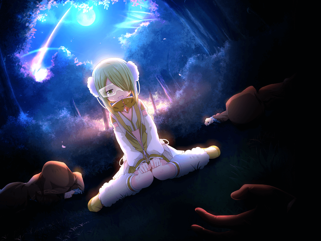 4girls, artist_request, aurora, backlighting, black_cloak, black_gloves, blonde_hair, blue_sky