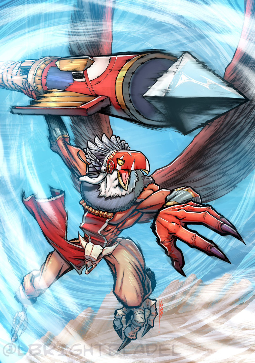 animal_skull, arm_up, beak, bird_girl, bird_legs, blue_sky, carrying, claws