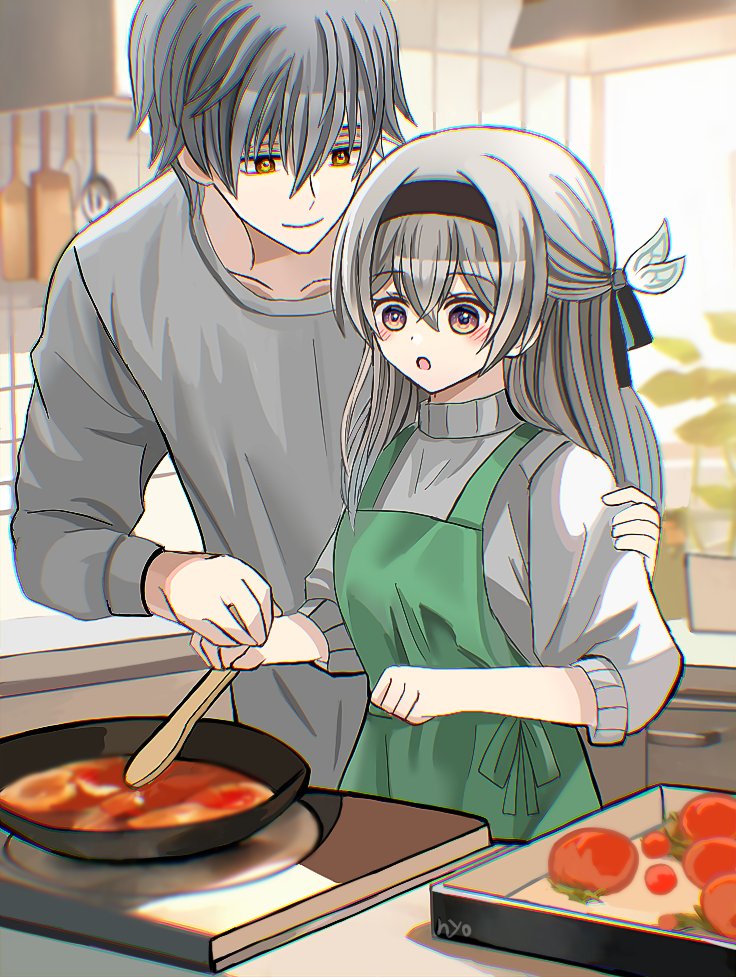 1boy, 1girl, apron, black_hairband, breasts, caelus_(honkai:_star_rail), cooking, firefly_(honkai:_star_rail)