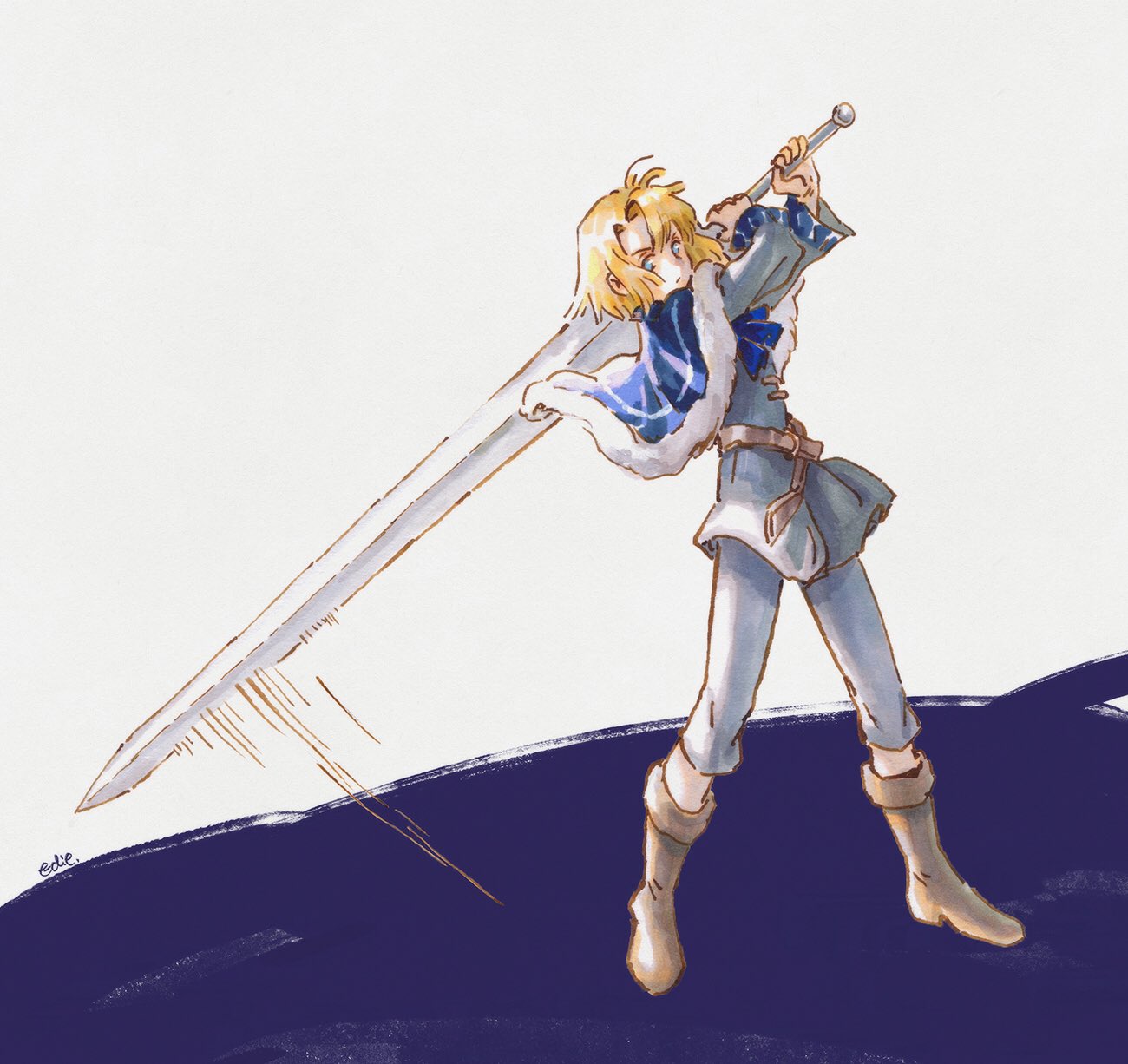 1boy, arms_up, ascot, belt, blonde_hair, blue_ascot, blue_capelet, blue_eyes