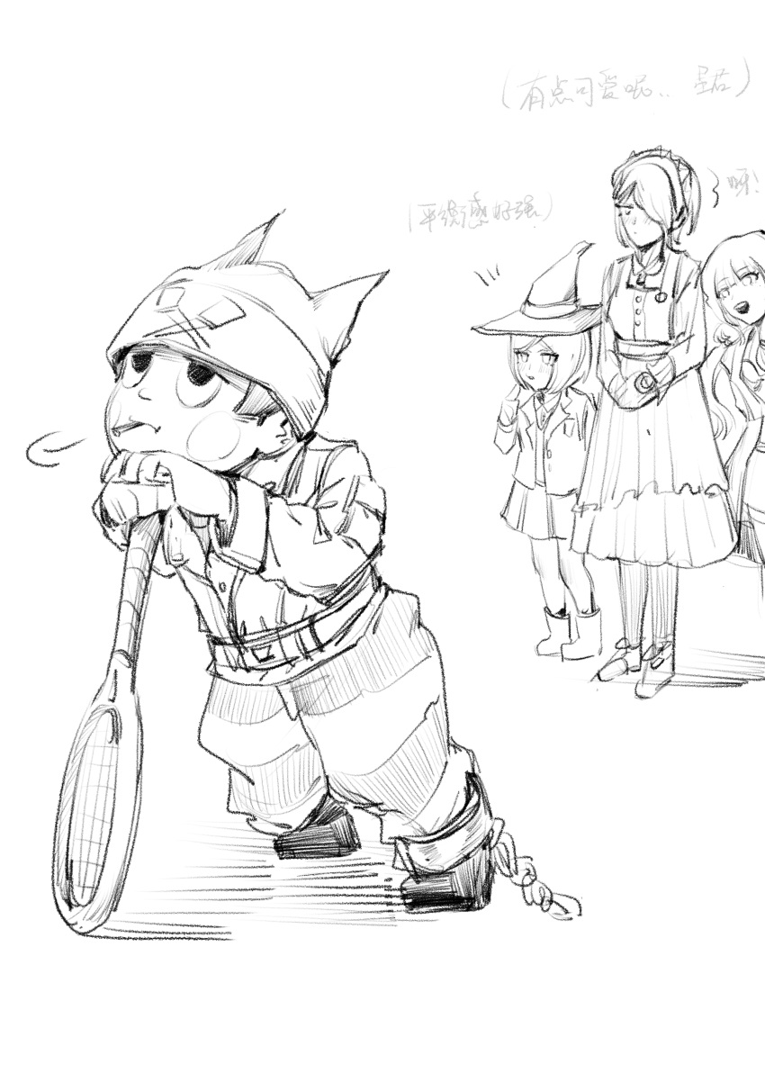 1boy, 3girls, absurdres, badge, beanie, belt, belt_buckle, bikini, blazer, blunt_bangs, blush_stickers, bob_cut, boots, buckle, buttons, chinese_commentary, chinese_text, cigarette, closed_mouth, collared_dress, collared_jacket, commentary_request, cuffs, danganronpa_(series), danganronpa_v3:_killing_harmony, dress, expressionless, fake_horns, finger_to_mouth, frilled_skirt, frilled_sleeves, frills, full_body, gloves, greyscale, hair_over_one_eye, hair_over_shoulder, hair_tubes, hairband, half-closed_eyes, hat, hat_belt, height_difference, highres, holding_tennis_racket, horned_headwear, horns, hoshi_ryoma, jacket, lace-trimmed_hairband, lace_trim, lapels, layered_dress, leaning_on_object, leather, leather_jacket, long_dress, long_sleeves, looking_ahead, looking_at_another, low_twintails, male_focus, miniskirt, monochrome, motion_lines, mouth_hold, multiple_girls, necktie, notched_lapels, notice_lines, o-ring, open_clothes, open_jacket, open_mouth, own_hands_together, pants, pantyhose, pinafore_dress, pleated_dress, pleated_skirt, pocket, raincoat, shackles, shadow, shoes, short_hair, sigh, simple_background, single_ankle_cuff, skirt, sleeveless, sleeveless_dress, smile, standing, striped_clothes, striped_pants, swimsuit, teeth, tojo_kirumi, translation_request, twintails, two-tone_pants, upper_teeth_only, white_background, witch, wuwuwu_shagou, yonaga_angie, yumeno_himiko