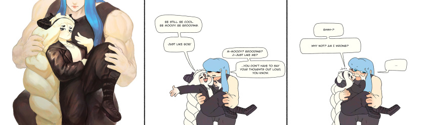 ..., 2girls, absurdres, black_footwear, blue_eyes, blue_hair, bob_(wafferscotch), boots