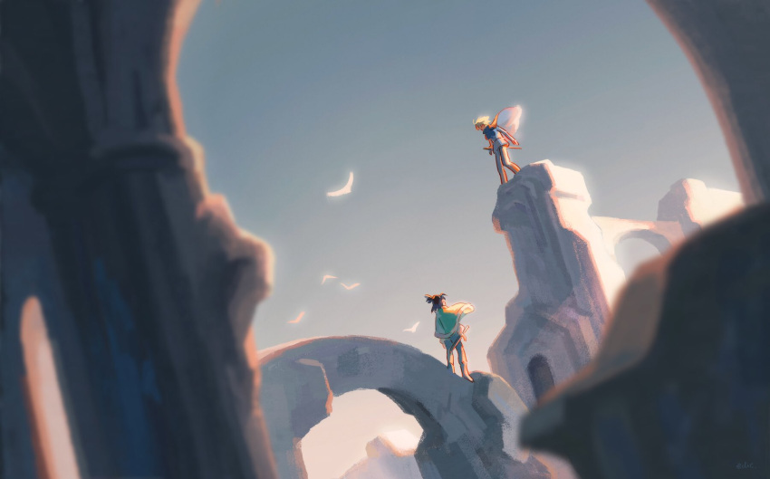 2boys, arch, black_hair, blonde_hair, blue_sky, boots, brown_footwear, building