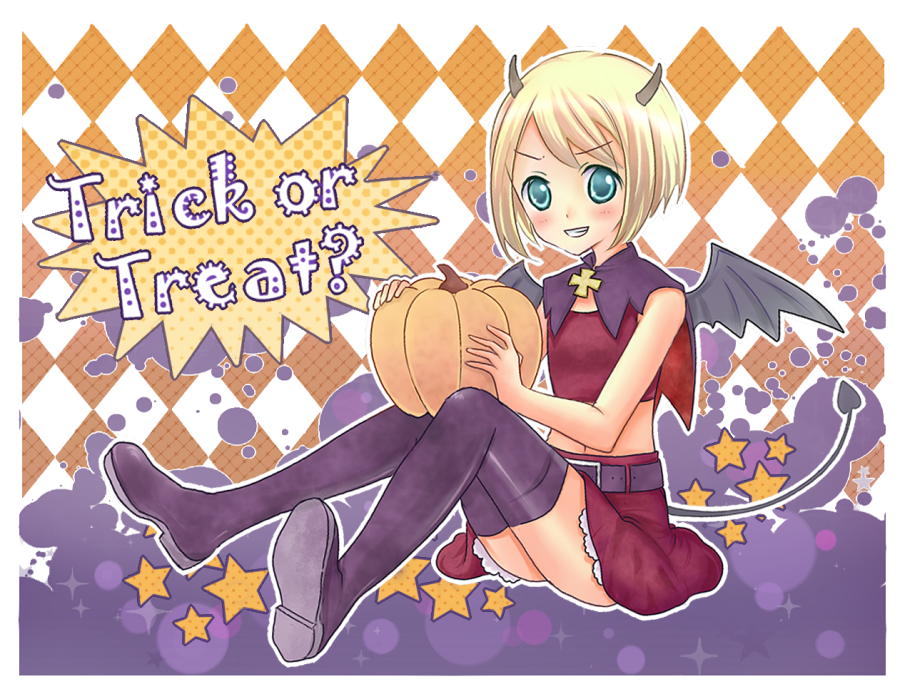 aqua_hair, argyle, argyle_background, bat_wings, blonde_hair, erica_hartmann, flat_chest, grin