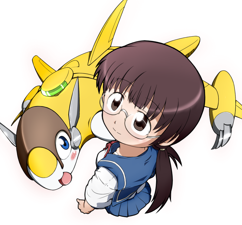 brown_hair, crossover, digimon, digimon_xros_wars, glasses, kikuchi_kokoro, long_hair, looking_up, robita, sakura_kiyomi, school_uniform, seiyuu_connection, serafuku, shinryaku!_ikamusume, sparrowmon