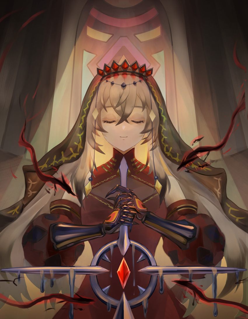 1girl, artist_request, blazing_cartesia_the_virtuous, brown_hair, closed_eyes, closed_mouth, crossed_bangs, dress