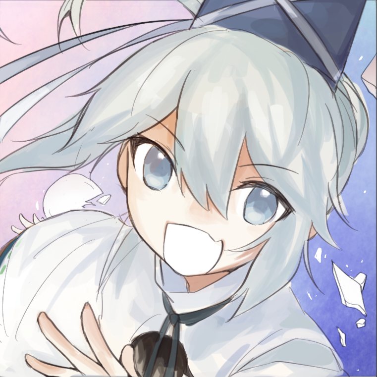1girl, black_ribbon, blue_background, blue_hat, broken_plate, fang, floating_hair, glass_shards