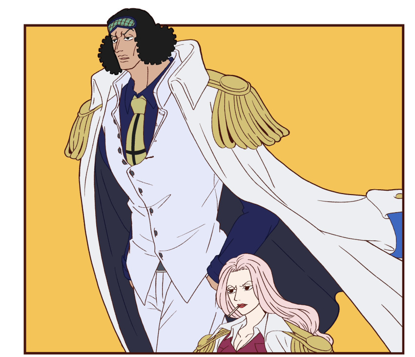 1boy, 1girl, black_hair, blue_shirt, border, cigarette, coat, coat_on_shoulders
