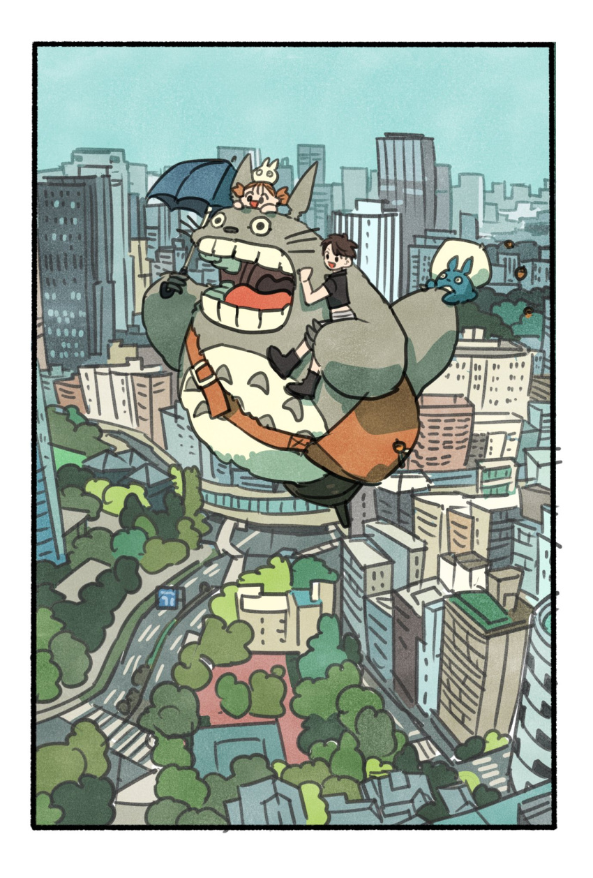 2girls, blue_sky, boots, brown_hair, building, chibi_totoro, child, chuu_totoro