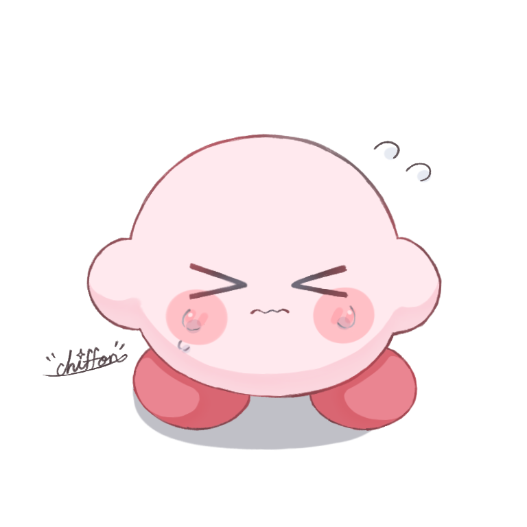 >_<, airi_chiffon, blush_stickers, closed_eyes, commentary_request, flying_sweatdrops, kirby, kirby_(series), no_humans, sweat, wavy_mouth