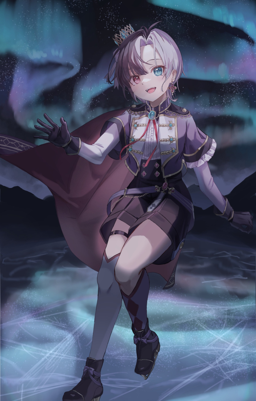 1girl, absurdres, alternate_costume, asymmetrical_legwear, aurora, black_cape, black_gloves, black_hair