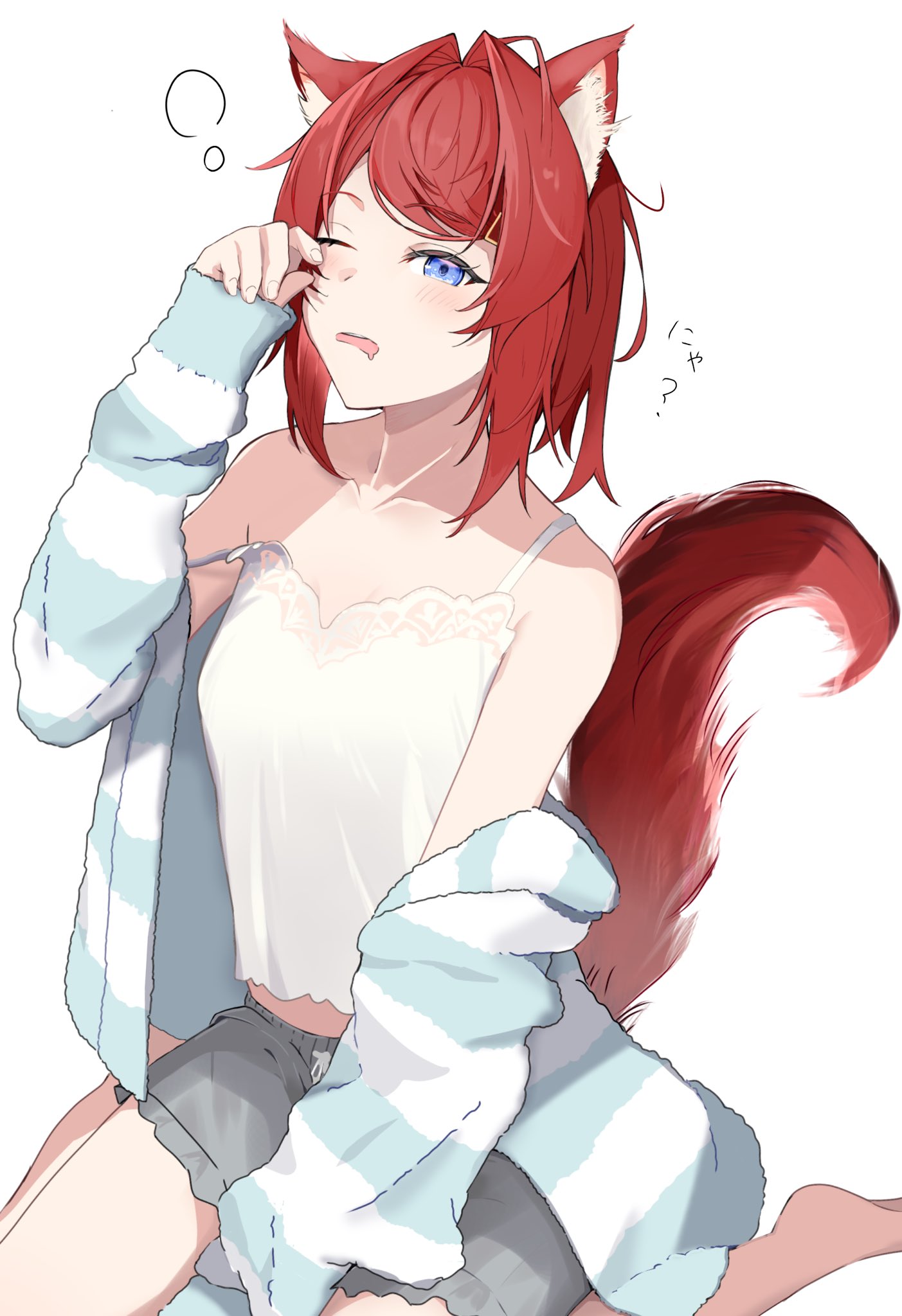 1girl, ange_katrina, ange_katrina_(6th_costume), animal_ears, blue_eyes, camisole, cat_ears, cat_girl