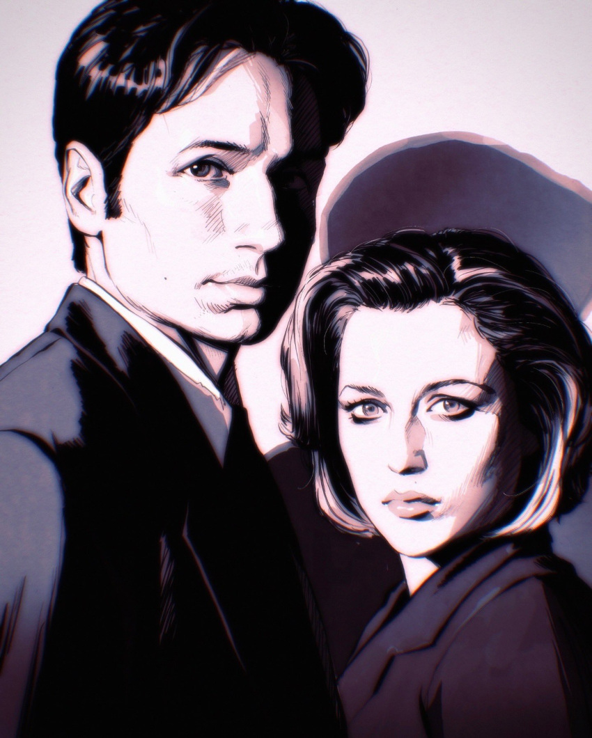 1boy, 1girl, closed_mouth, dana_scully, formal, fox_mulder, height_difference, highres